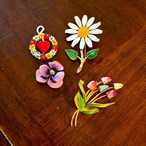 Lot of Floral Themed Pins and One Pendant